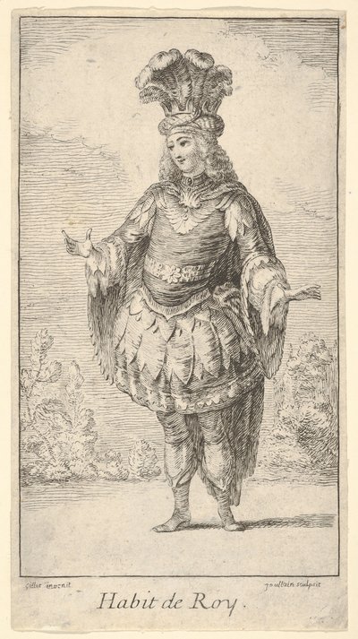 Habit de Roy: un uomo che indossa un tonnelet decorato con rosette, una corona e un turbante da Francois Joullain