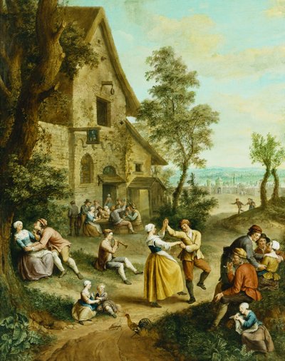 Contadini che ballano e festeggiano davanti a una taverna, una città murata oltre da Francois Louis Joseph Watteau