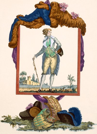 Giovane uomo vestito con giacca di seta bianca e panciotto dipinto, inciso da Dupin, tavola n.265 da 