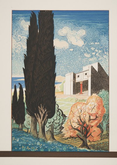 Tempio con cipresso, da Prometeo incatenato di Eschilo, pub. 1941 (stampa pochoir) da Francois Louis Schmied