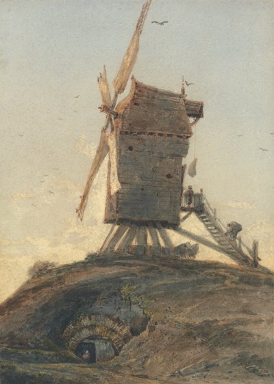 Mulino a vento su una collina in un paesaggio da Francois Louis Thomas Francia