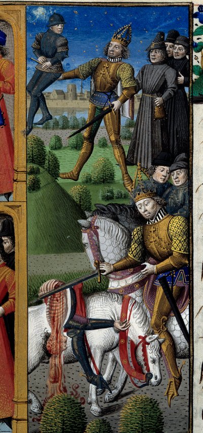 Scene della vita di Carlo Magno (742-814) Re dei Franchi: scena di combattimento. Scimmia. Miniatura tratta dal manoscritto "Speculum historiale" (Le Miroir historial) di Vincent de Beauvais (1184/94-1264) miniata dal Maestro François (15° secolo) da Maître François