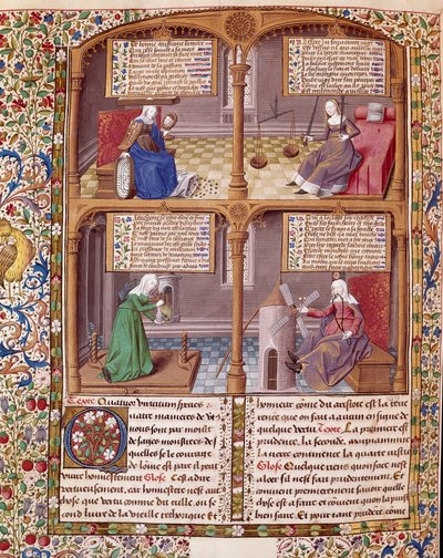 Le quattro virtù cardinali: Prudenza, Forza, Continuità e Giustizia. Pagina tratta da un manoscritto di Seneca, illuminata dal maestro François da Maître François