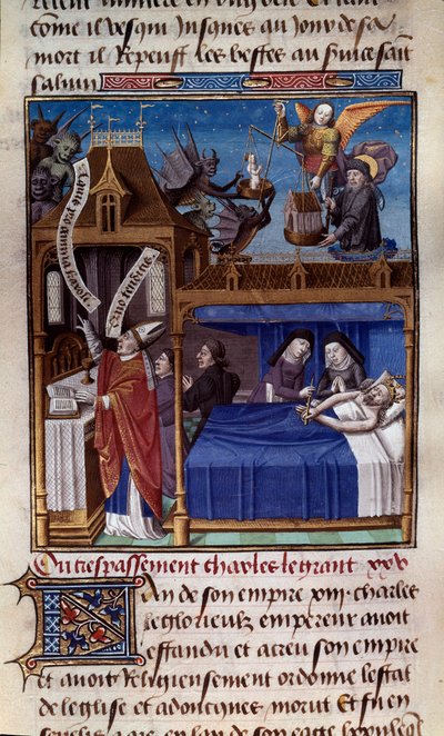La morte di Carlo Magno (742-814) Miniatura tratta dal manoscritto Speculum historiale (Le Miroir historial) di Vincent de Beauvais (1184/94-1264) miniato dal Maestro François (XV secolo). Chantilly, Museo Condé da Maître François