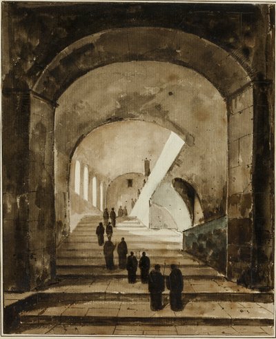 Monaci sulla scala della Villa di Mecenate a Tivoli da Francois Marius Granet