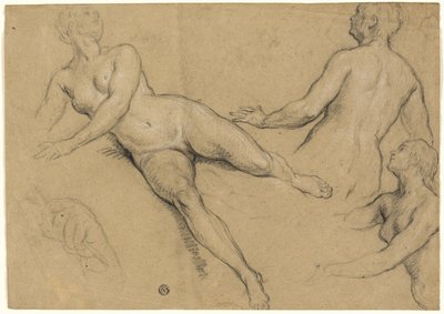 Foglio di studi: Tre donne e una mano (recto); schizzi di nudi maschili, teste e mani (verso) da Francois Marot
