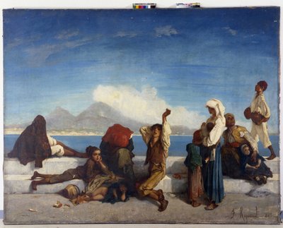I Lazzaroni, personaggi del popolo napoletano. Vista del Golfo di Napoli da Francois Reynaud