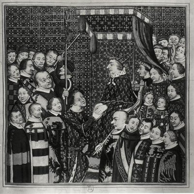 Luigi II (1337-1410) Conte di Clement, rende omaggio a Carlo V (1338-80) copia di una miniatura del XIV secolo da Francois Roger de Gaignieres