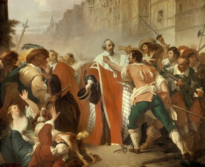 La Guardia dei Sigilli Mathieu Mole (1584-1656) resistente ai faziosi durante il giorno delle barricate durante la Fronda il 27 agosto 1648 (la folla arrabbiata chiede il rilascio di Pierre Broussel arrestato per la sua opposizione alle nuove tasse propo da Francois Xavier Dupre