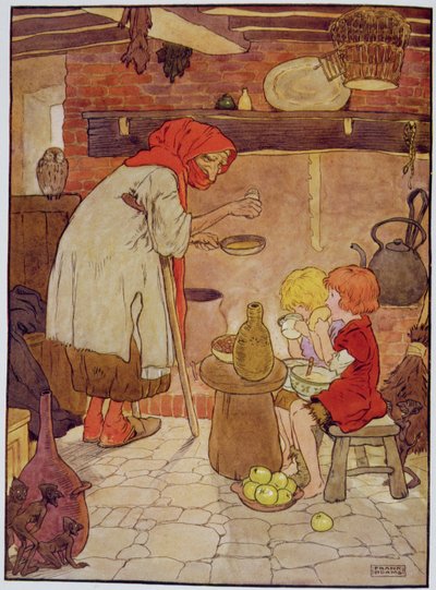 Hansel e Gretel sono nutriti dalla strega, illustrazione da 