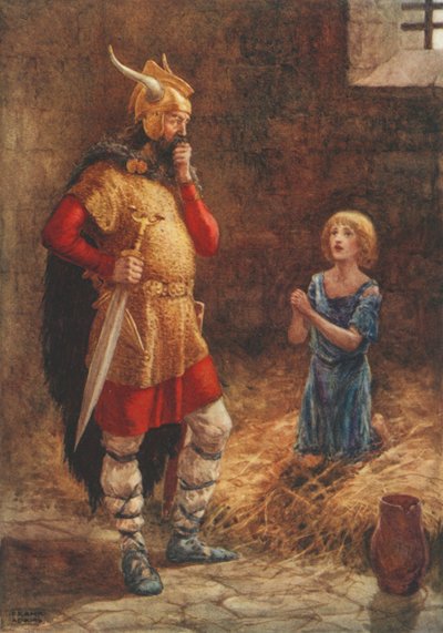 Havelok implora misericordia da Godard, dalla vecchia ballata Havelok il Danese (litografia a colori) da Frank Adams