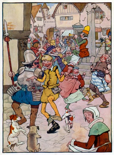 Illustrazione per La storia di Tom il figlio del pifferaio (litografia a colori) da Frank Adams