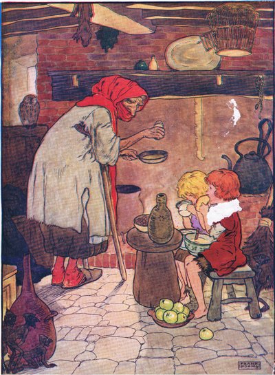Li condusse dentro e diede loro una bella cena, da Hansel e Gretel pubblicato da Blackie & Son Limited, c.1940 da Frank Adams
