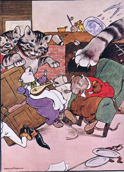 Il gatto e i suoi gattini entrarono rotolando, illustrazione da 