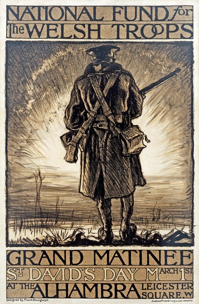 Poster pubblicitario per un evento di raccolta fondi per il Fondo Nazionale per le Truppe Gallesi, 1 marzo 1915 da Frank Brangwyn