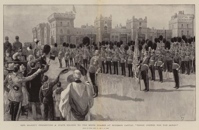Sua Maestà presenta un Colore di Stato alle Guardie Scozzesi al Castello di Windsor, Tre Evviva per la Regina da Frank Dadd