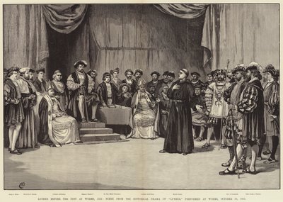 Lutero davanti alla Dieta di Worms, 1521, Scena dal Dramma Storico di Lutero, rappresentato a Worms, 30 Ottobre 1883 da Frank Dadd