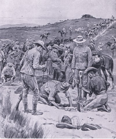 Alla ricerca di acqua, da Dopo Pretoria: La guerra di guerriglia pubblicata da Harmsworth Bros Limited, 1901 da Frank Dadd