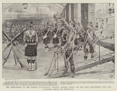 Il ritorno a casa dei Gordon Highlanders, il colonnello Mathias saluta il primo distaccamento dai moli di Liverpool per Edimburgo da Frank Dadd