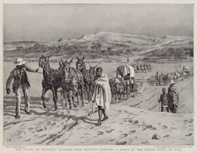 La rivolta in Rhodesia, carri con rifornimenti che attraversano un guado del fiume Shashi a Tuli da Frank Dadd