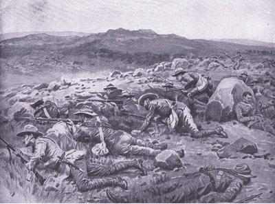 Con i Bushmen Imperiali del Queensland a Rhenoster Kop, 29 novembre 1900, illustrazione da After Pretoria: The Guerilla War, 1902 da Frank Dadd