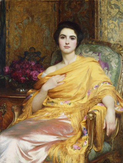 Ritratto di Elsa, figlia di William Hall, a tre quarti, seduta con un vestito rosa e uno scialle giallo, 1927 da Frank Dicksee