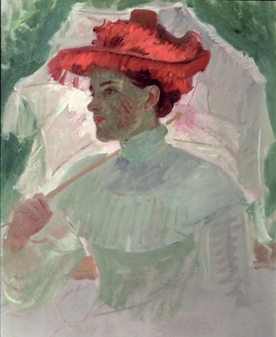 Donna con cappello rosso e parasole da Frank Duveneck