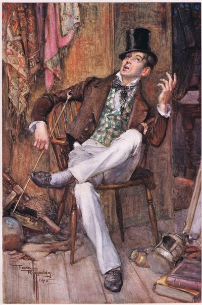 Mr Swiveller si appoggiò alla sedia con gli occhi fissi al soffitto, e occasionalmente alzando la voce a un tono necessario, c.1920 da Frank Reynolds