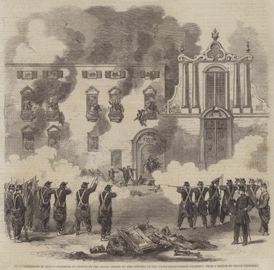 La rivoluzione in Sicilia, massacro della popolazione da parte delle truppe reali al convento dei Benedettini Bianchi, Palermo da Frank Vizetelly