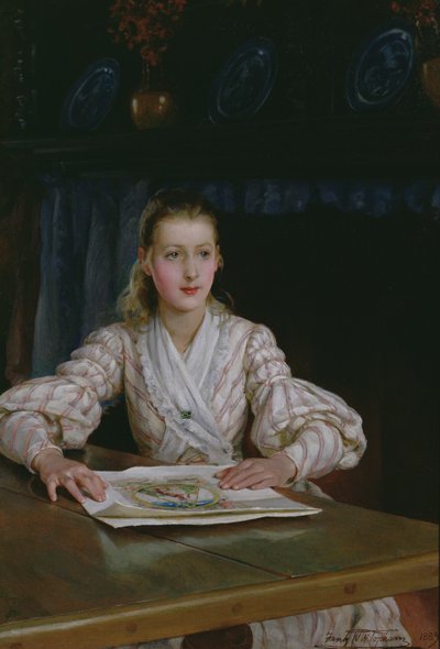 Giovane ragazza che guarda una stampa, 1889 da Frank William Warwick Topham