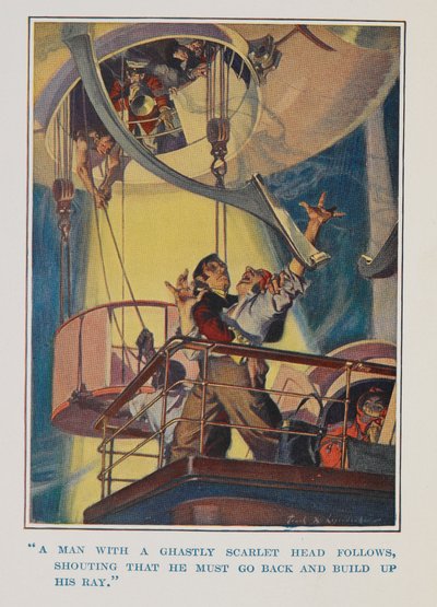 "Un uomo con una testa spettrale segue, gridando che deve tornare indietro e costruire il suo raggio" da Frank Xavier Leyendecker