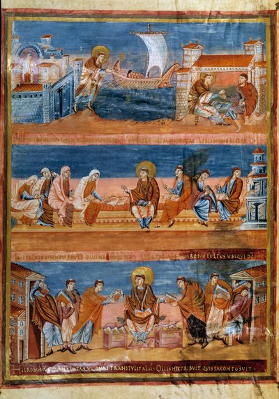 San Girolamo lascia Roma e paga il suo maestro a Gerusalemme (in alto), lavora con i suoi scribi (al centro) e distribuisce la Vulgata (in basso). Miniatura nella "Prima Bibbia di Carlo il Calvo, conosciuta anche come la Bibbia di Vivien" (Folio 3v), 845-8 da Frankish School
