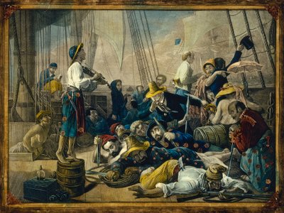 Pirati vestiti da donne tentano di ingannare una nave mercantile da François Auguste Biard