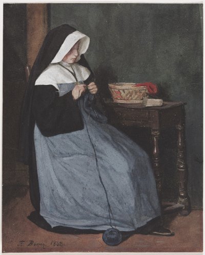 Una suora seduta a un tavolo che lavora a maglia, 1862 da François Bonvin