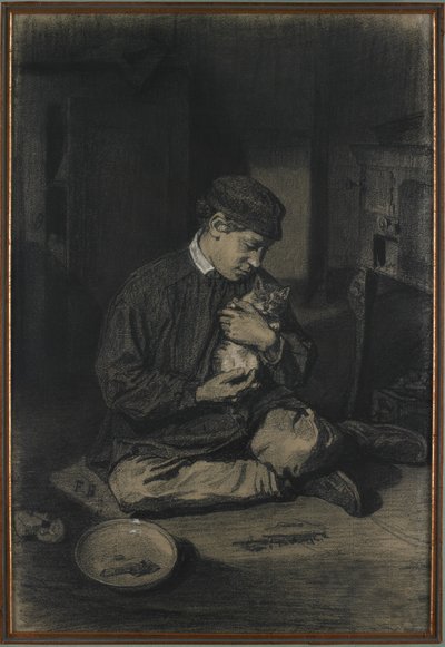 Ragazzo seduto che tiene un gatto (recto); Studio di gattini e un piatto di latte (verso), c. 1874-80 da François Bonvin
