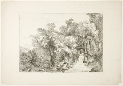 Una chiusa di mulino in mezzo ai salici, tavola 97 da figure di personaggi diversi, paesaggi e studi tratti dalla natura da François Boucher