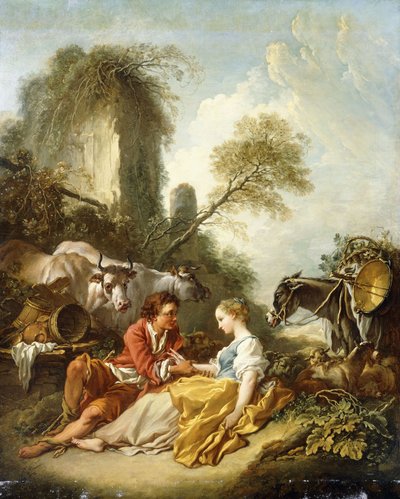 Paesaggio pastorale con un pastore e una pastorella seduti vicino a rovine da François Boucher