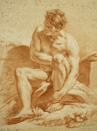Un nudo seduto con un bastone, un rilievo con putti a sinistra da François Boucher