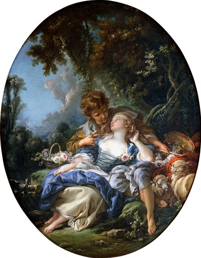 Un pastore e una pastorella in flirt in un paesaggio boscoso, 1761 da François Boucher