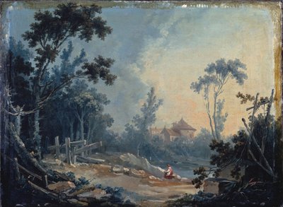 Paesaggio boscoso con edifici in lontananza da François Boucher