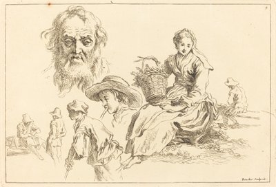 Studi di figure inclusa la faccia barbuta di un vecchio da François Boucher after Abraham Bloemaert