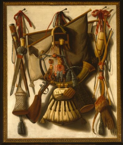 Trompe l’oeil natura morta con attrezzi da caccia da François Coppeyn