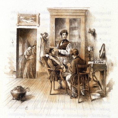 Barbiere. Illustrazione di “Profilo di grisette” nuova appartenente alla collezione “Mimi de Pinson” di Alfred de Musset da François Courboin