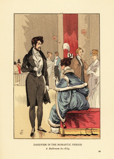 Dandismo nel periodo romantico, una sala da ballo nel 1834. Dandy con cappotto con code, pantaloni stretti e cilindro. Donna con abito di pelliccia e piuma nei capelli. Litografia a mano colorata di R.V. dopo un