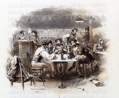 Discussione tra studenti in un caffè parigino. Illustrazione di "Profilo di grisette" appartenente al Raccolto "Mimi de Pinson" di Alfred de Musset da François Courboin