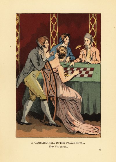 Incroyables alla moda in giacche a collo alto a un tavolo da gioco con giovane donna e croupier. Un inferno di gioco nel Palais Royal, Anno VIII da François Courboin