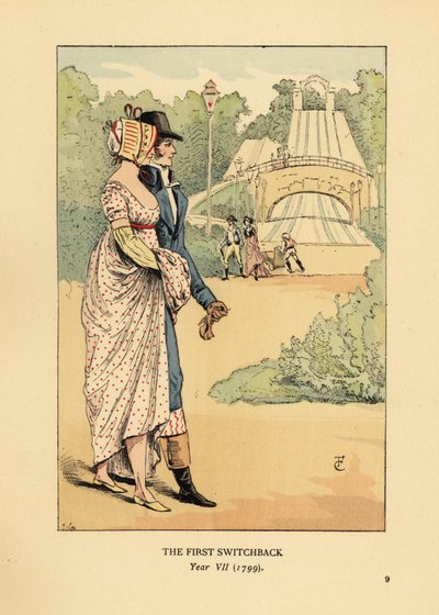 Coppia alla moda sulle montagne russe russe, Les Montagnes Russes a Belleville, costruite nel 1812 da François Courboin