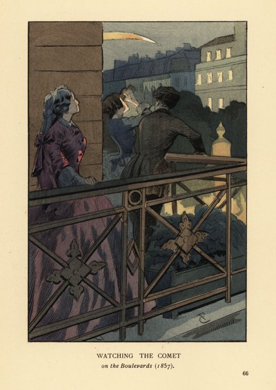 Persone alla moda che osservano la cometa del 1857 da un balcone del boulevard, Parigi. Donna in crinolina con binocolo. Litografia a mano colorata di R.V. dopo un