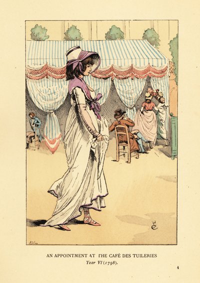 Donna alla moda che arriva per un appuntamento al Café des Tuileries, Parigi, Anno VI da François Courboin