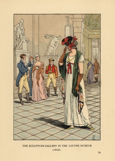 Donna alla moda nella galleria delle sculture nel Museo del Louvre da François Courboin